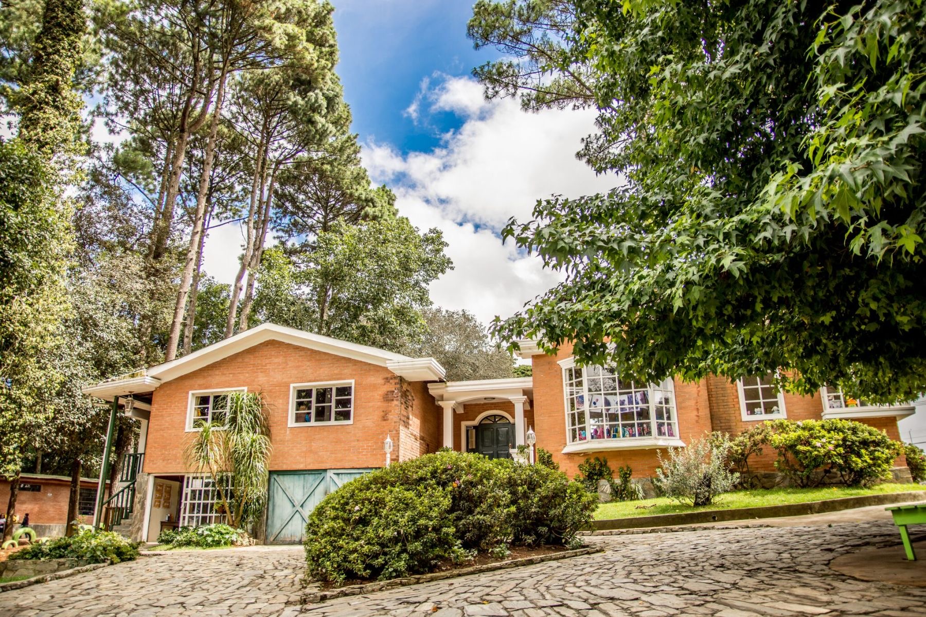Edificio de ladrillo del campus rodeado de pinos y jardines